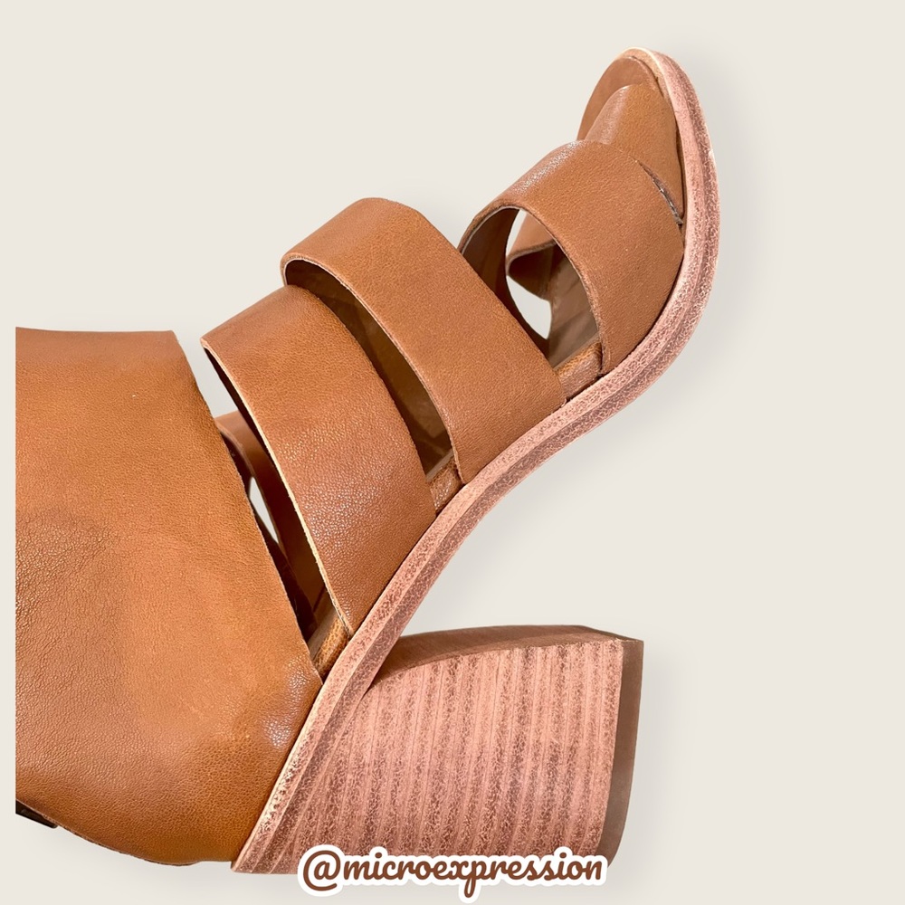 $338 Frye Tash Cognac Real Leather Cut Out Strappy Wood PeepToe Ankle Booties - Picture 11 of 13